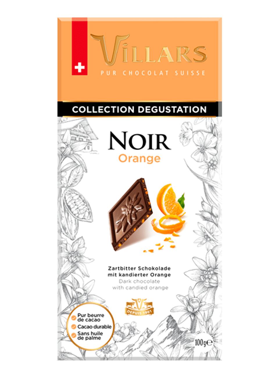 Темный шоколад с цукатами из апельсиновых корочек 100г тм Villars